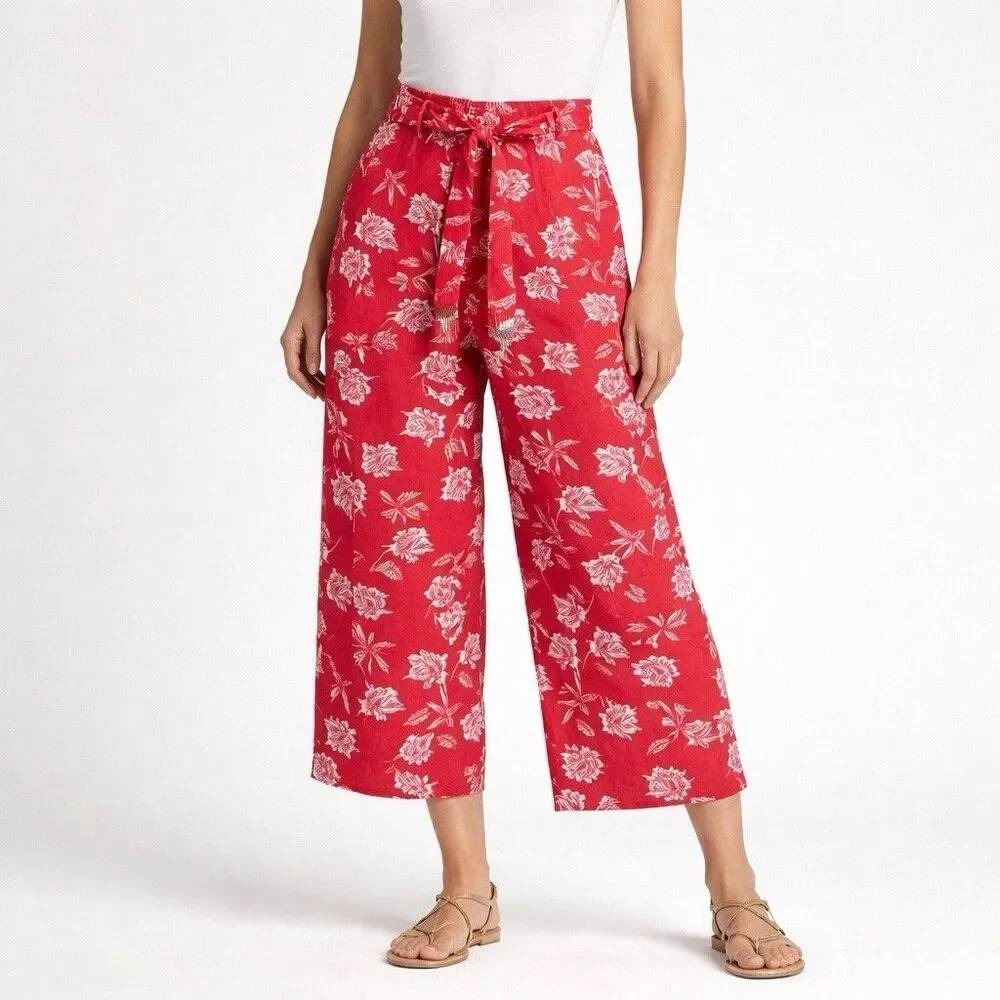 Maison d'Amélie Wide Leg Pants Womens M Red Floral Linen Blend Beaded Belt